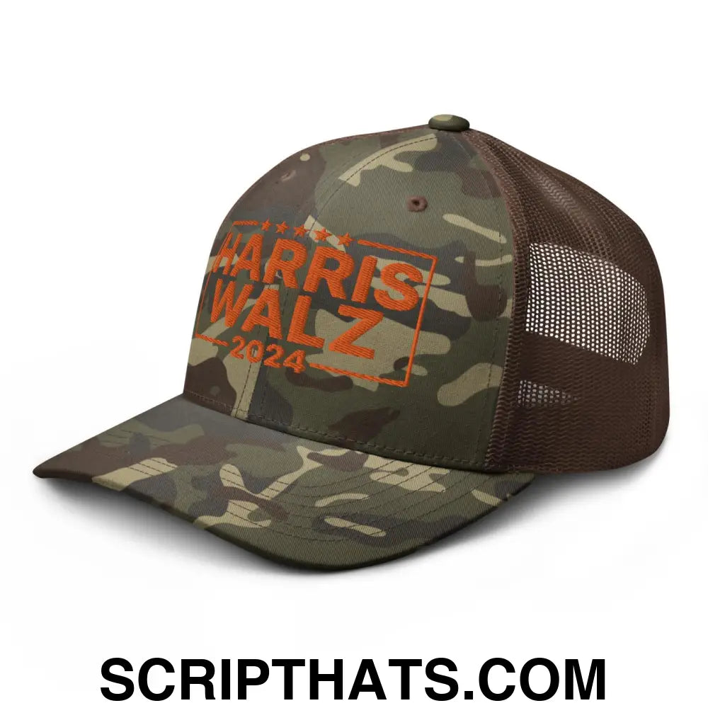 Harris Walz 24 2024 Camo Trucker Hat Orange Camo Brown