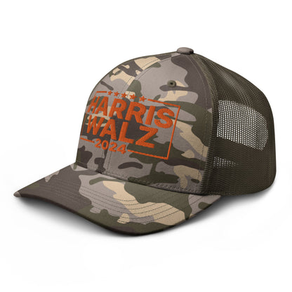 Harris Walz 24 2024 Camo Trucker Hat Orange Camo Olive