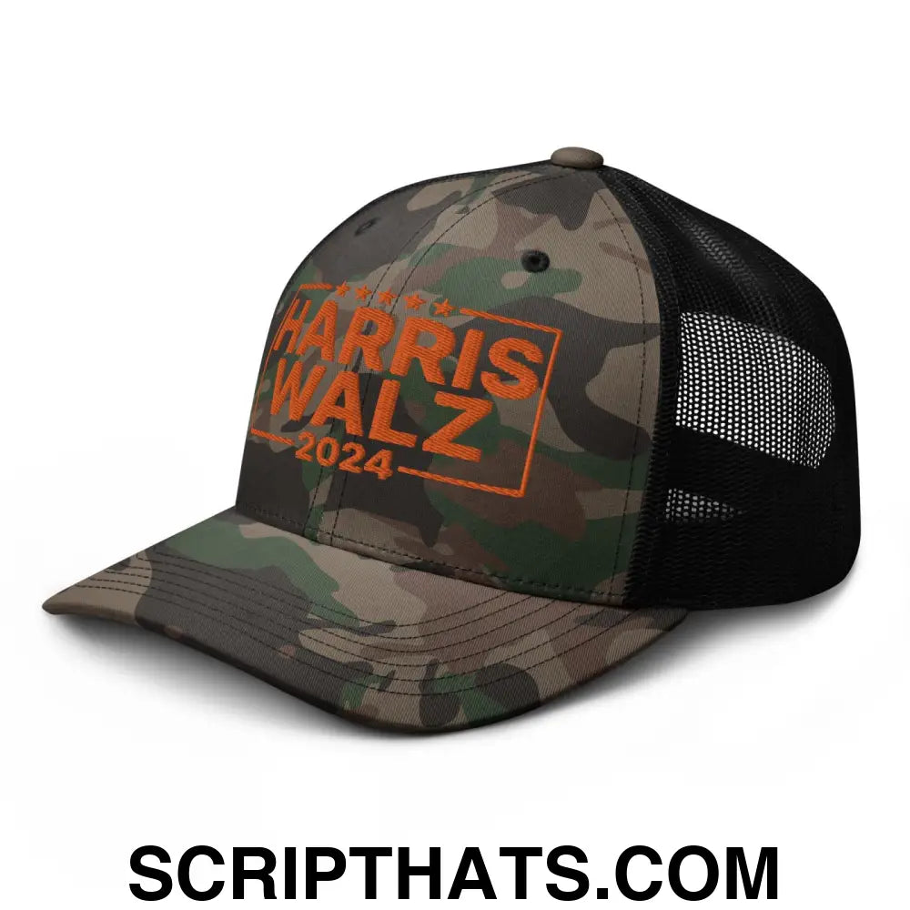 Harris Walz 24 2024 Camo Trucker Hat Orange Camo Black