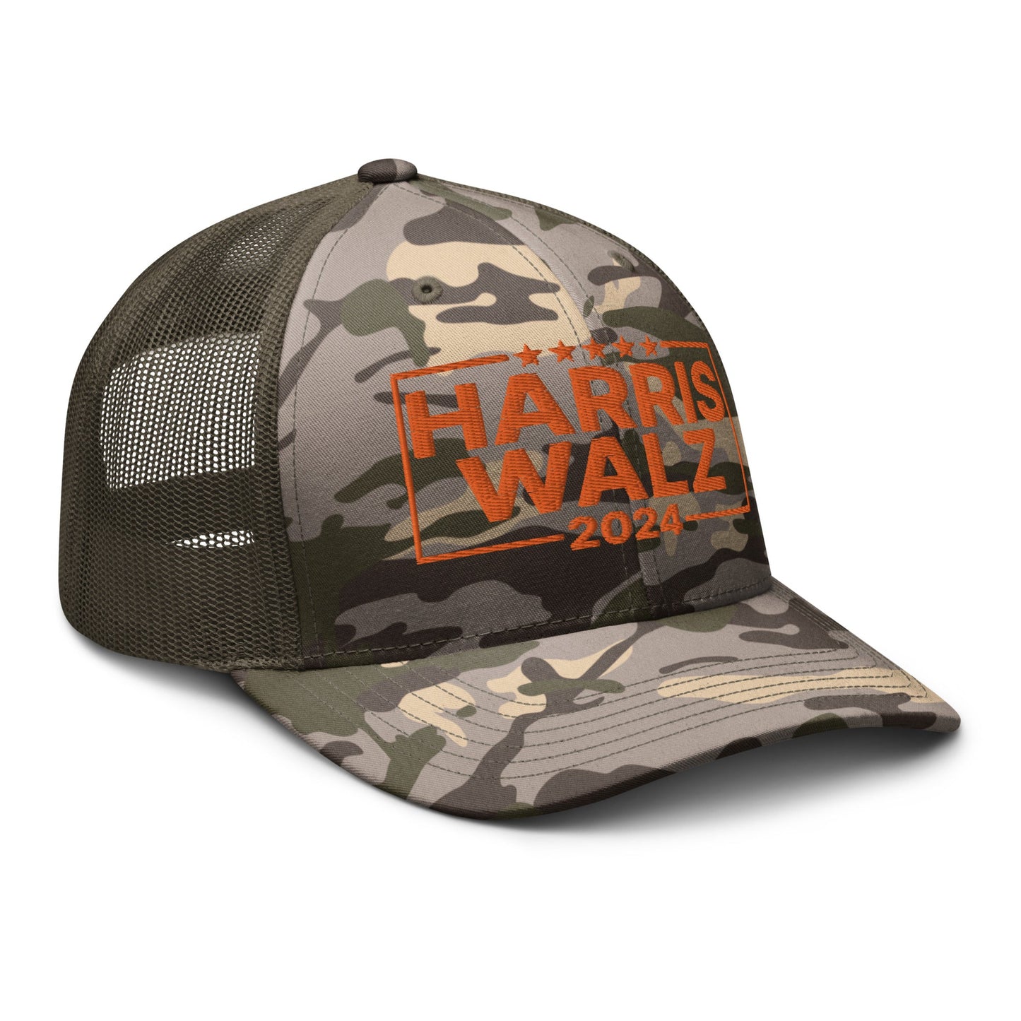 Harris Walz 24 2024 Camo Trucker Hat Orange Camo Olive