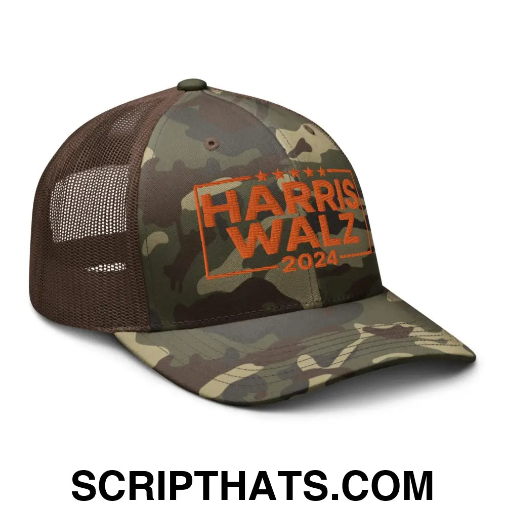 Harris Walz 24 2024 Camo Trucker Hat Orange Camo Brown