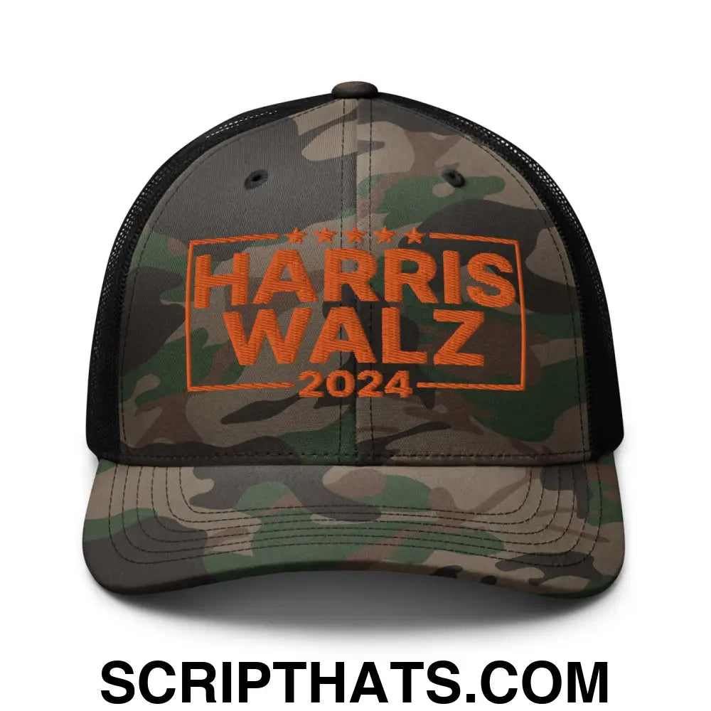 Harris Walz 24 2024 Camo Trucker Hat Orange Camo Black