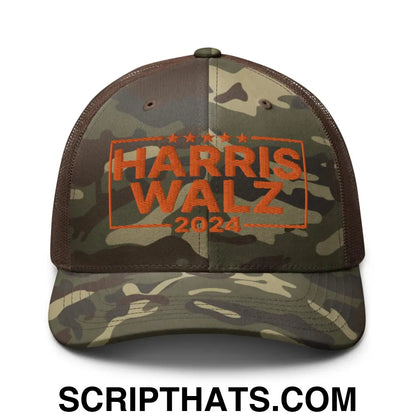 Harris Walz 24 2024 Camo Trucker Hat Orange Camo Brown