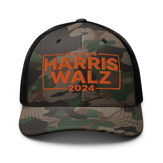 Harris Walz 24 2024 Camo Trucker Hat Orange Camo Black