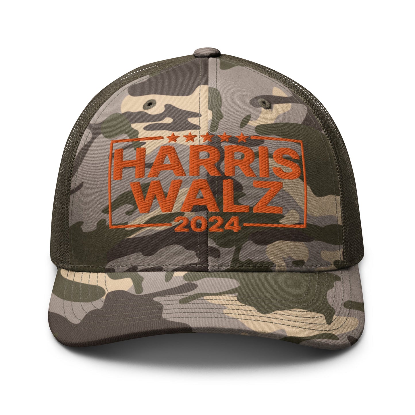 Harris Walz 24 2024 Camo Trucker Hat Orange Camo Olive