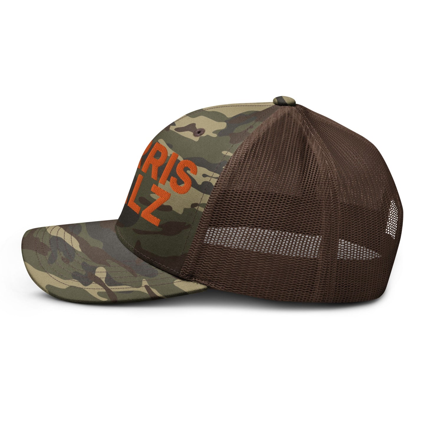 Harris-Walz Embroidered Camo Trucker Hat Orange Camo Brown