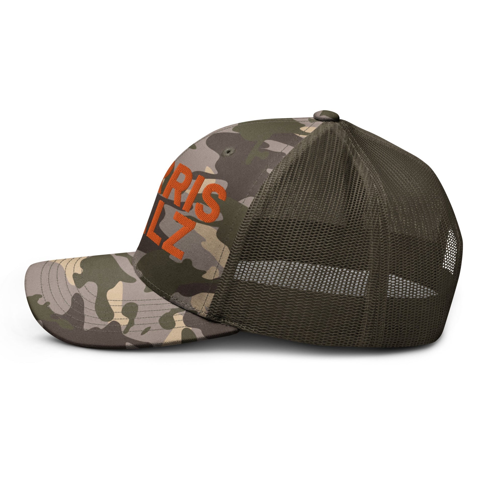 Harris-Walz Embroidered Camo Trucker Hat Orange Camo Olive