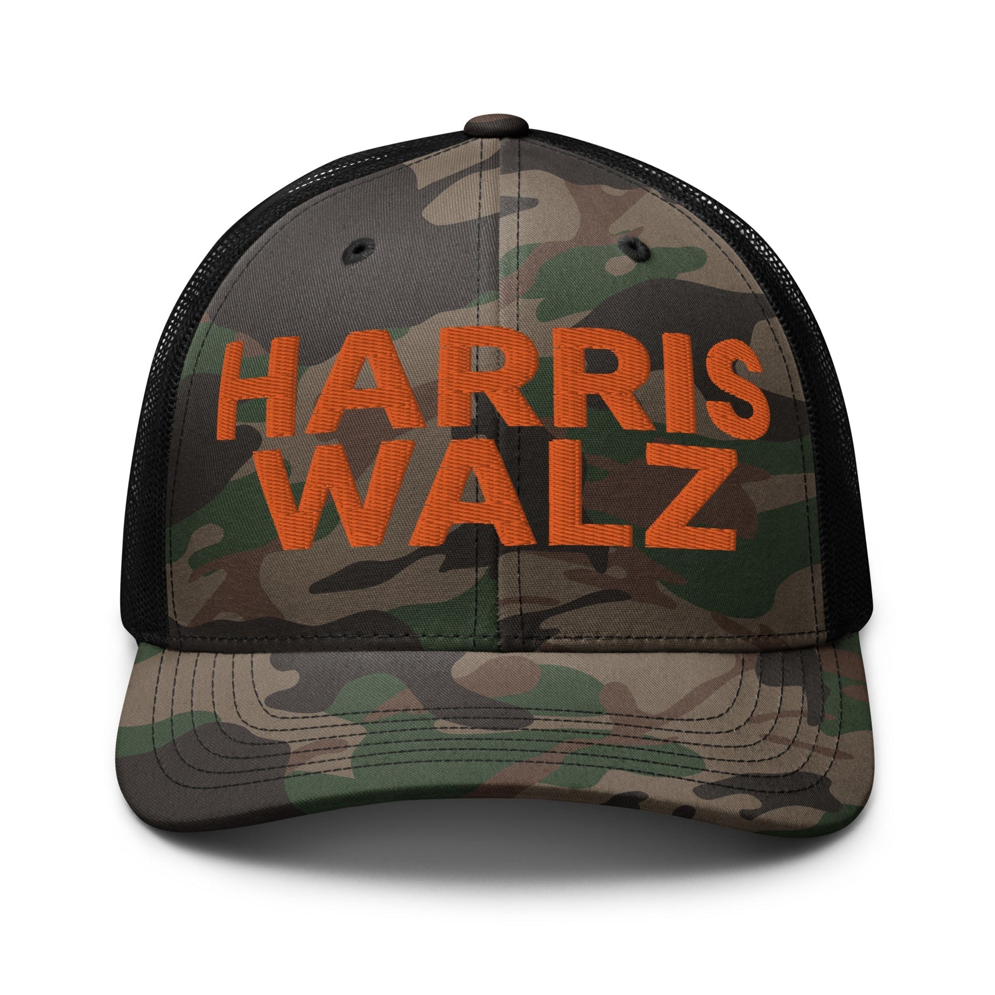 Harris-Walz Embroidered Camo Trucker Hat Orange Camo Black