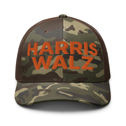 Harris-Walz Embroidered Camo Trucker Hat Orange Camo Brown