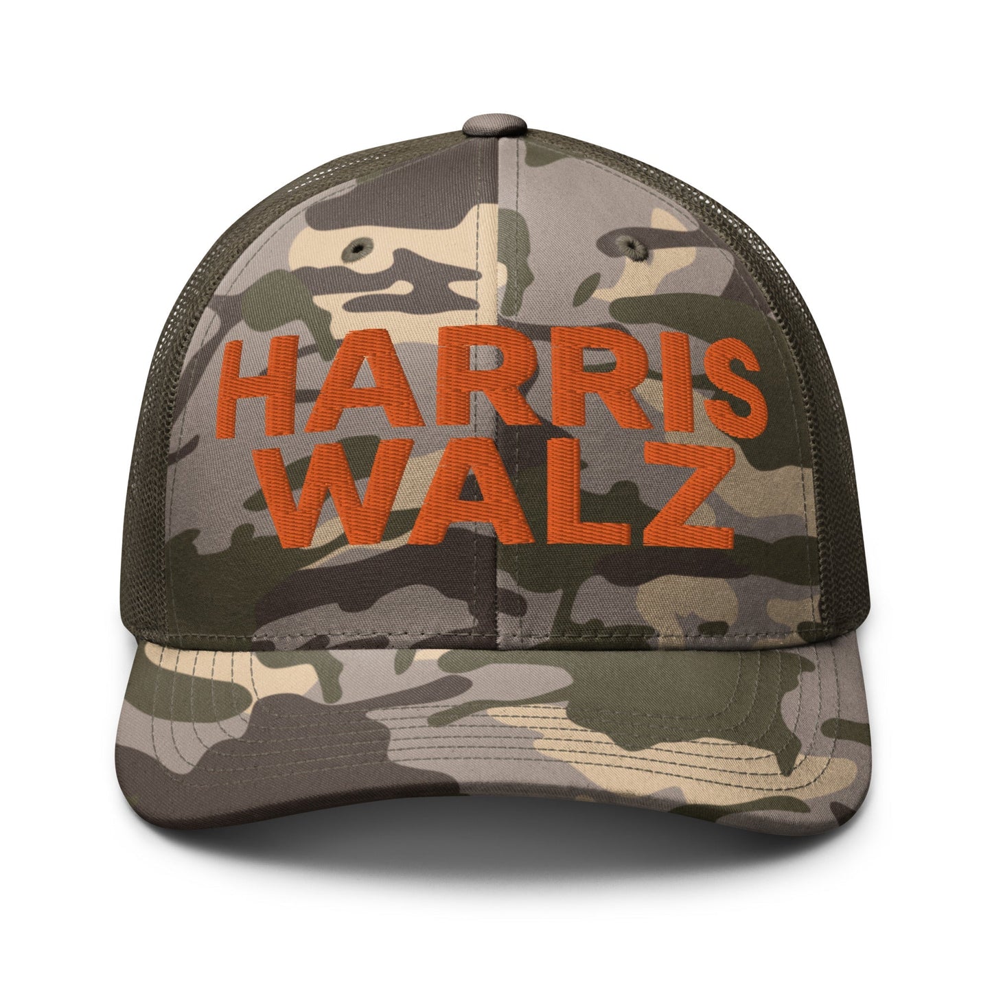 Harris-Walz Embroidered Camo Trucker Hat Orange Camo Olive