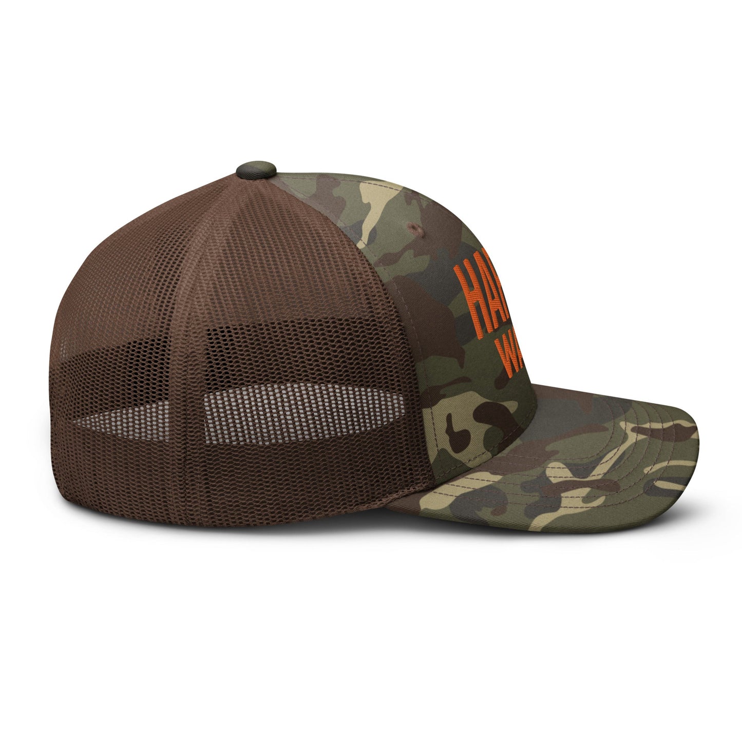 Harris Walz Embroidered Orange Camo Mesh Trucker Hat Camo Brown