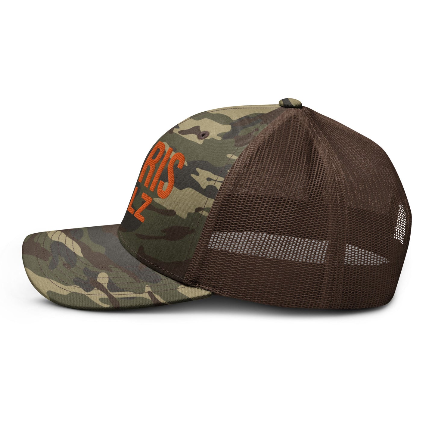 Harris Walz Embroidered Orange Camo Mesh Trucker Hat Camo Brown