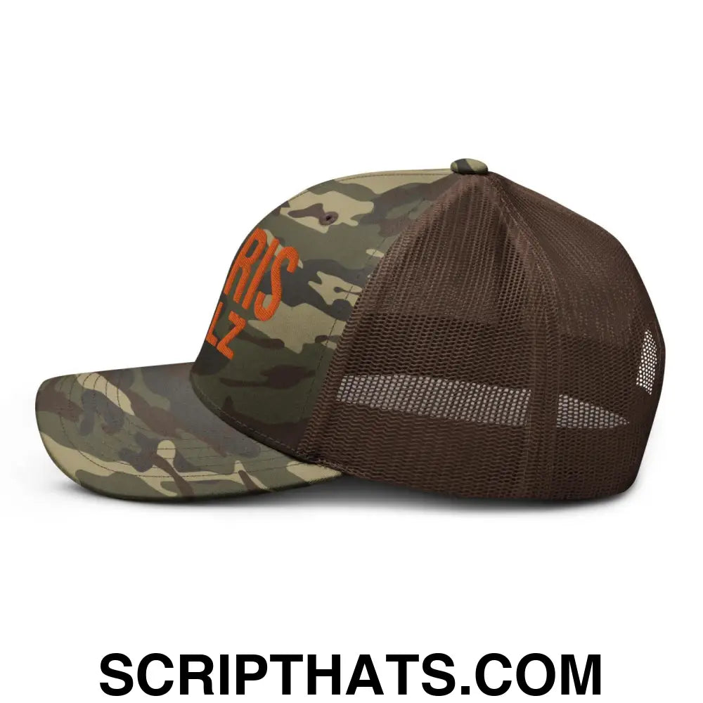 Harris Walz Embroidered Orange Camo Mesh Trucker Hat Camo Brown