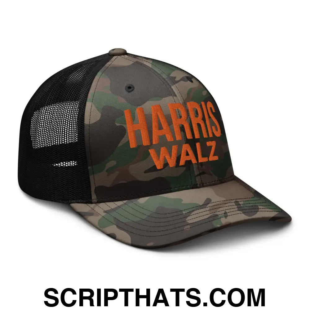 Harris Walz Embroidered Orange Camo Mesh Trucker Hat Camo Black