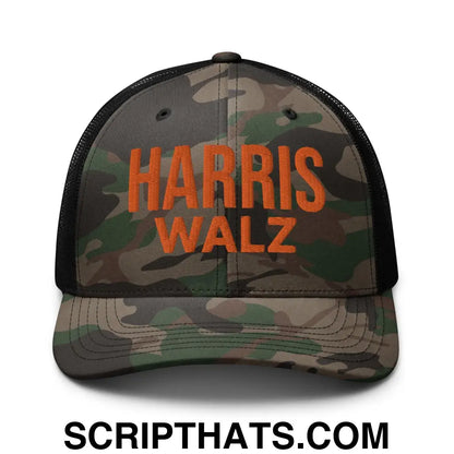 Harris Walz Embroidered Orange Camo Mesh Trucker Hat Camo Black