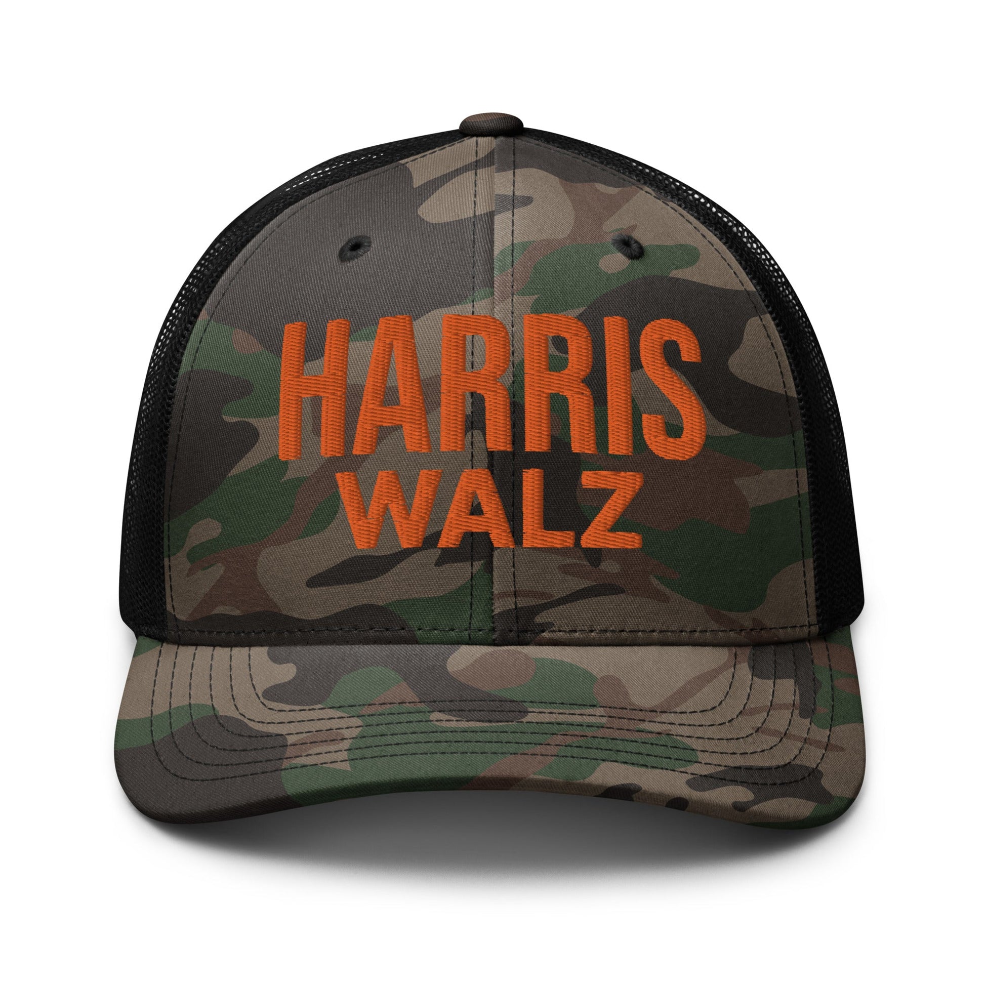 Harris Walz Embroidered Orange Camo Mesh Trucker Hat Camo Black