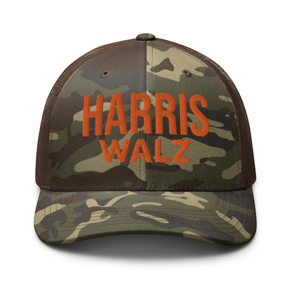 Harris Walz Embroidered Orange Camo Mesh Trucker Hat Camo Brown