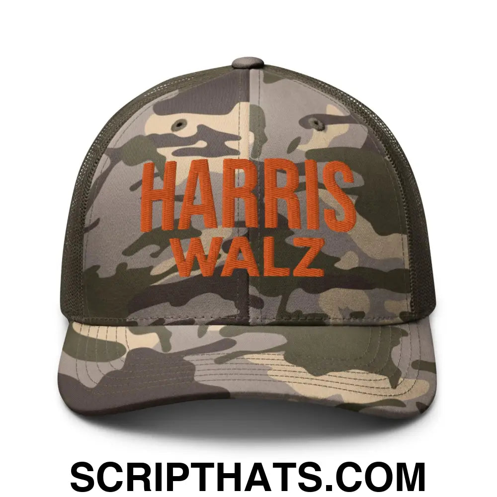 Harris Walz Embroidered Orange Camo Mesh Trucker Hat Camo Olive