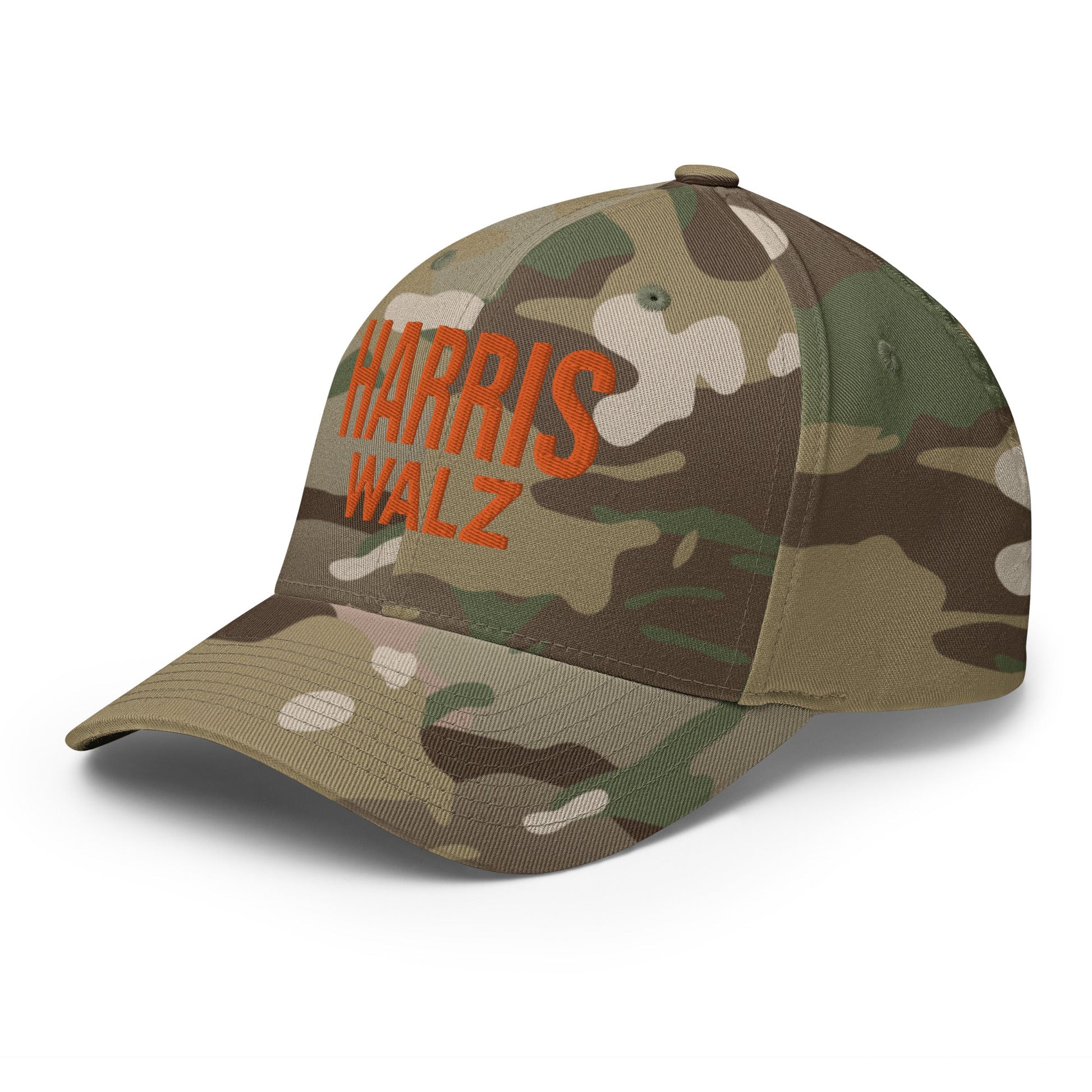 Harris Walz Embroidered Orange Camo Stretch Fit Baseball Hat Multicam Green