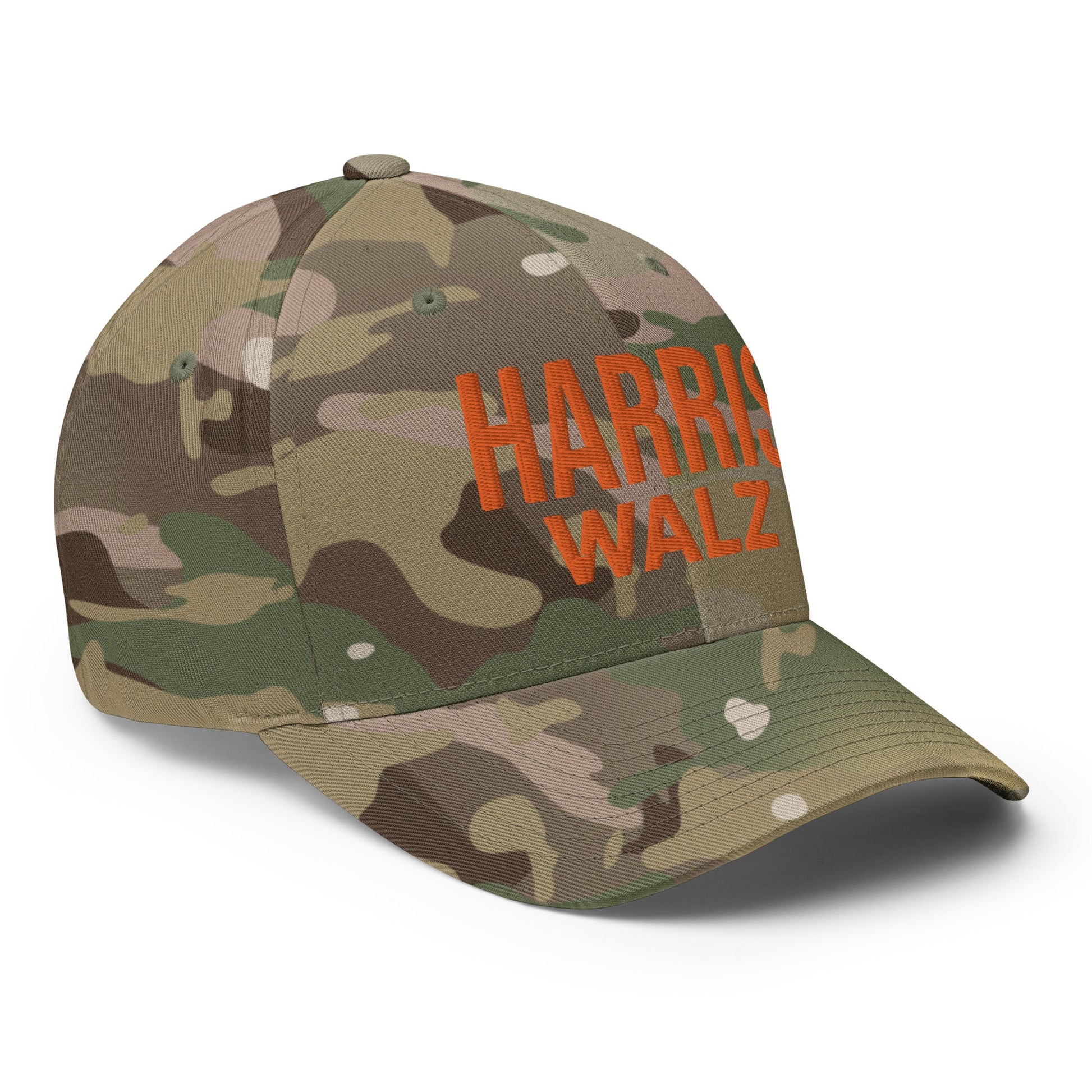 Harris Walz Embroidered Orange Camo Stretch Fit Baseball Hat Multicam Green