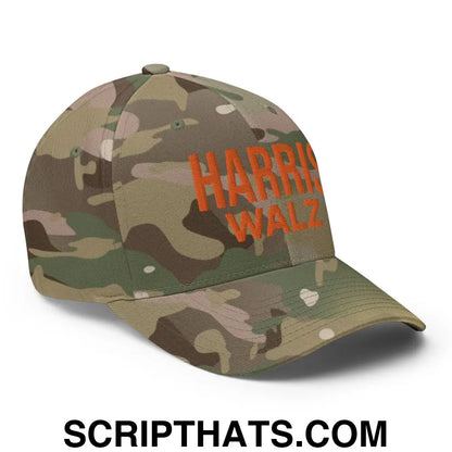 Harris Walz Embroidered Orange Camo Stretch Fit Baseball Hat Multicam Green