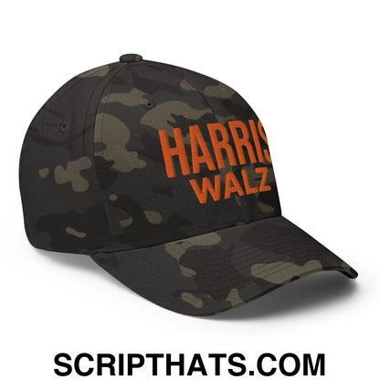 Harris Walz Embroidered Orange Camo Stretch Fit Baseball Hat Multicam Black