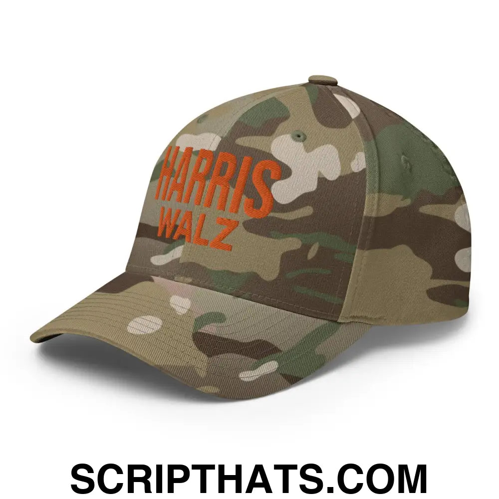 Harris Walz Embroidered Orange Camo Stretch Fit Baseball Hat Multicam Green