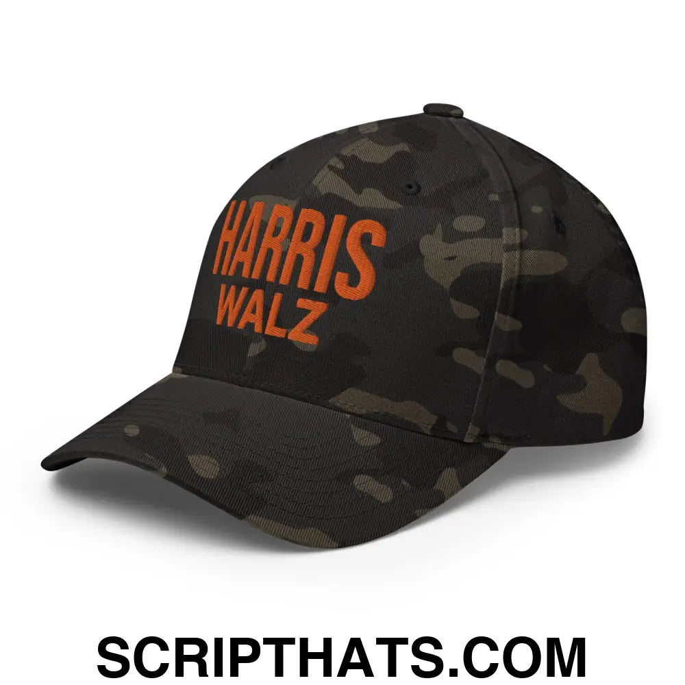 Harris Walz Embroidered Orange Camo Stretch Fit Baseball Hat Multicam Black