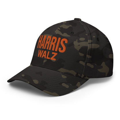 Harris Walz Embroidered Orange Camo Stretch Fit Baseball Hat Multicam Black