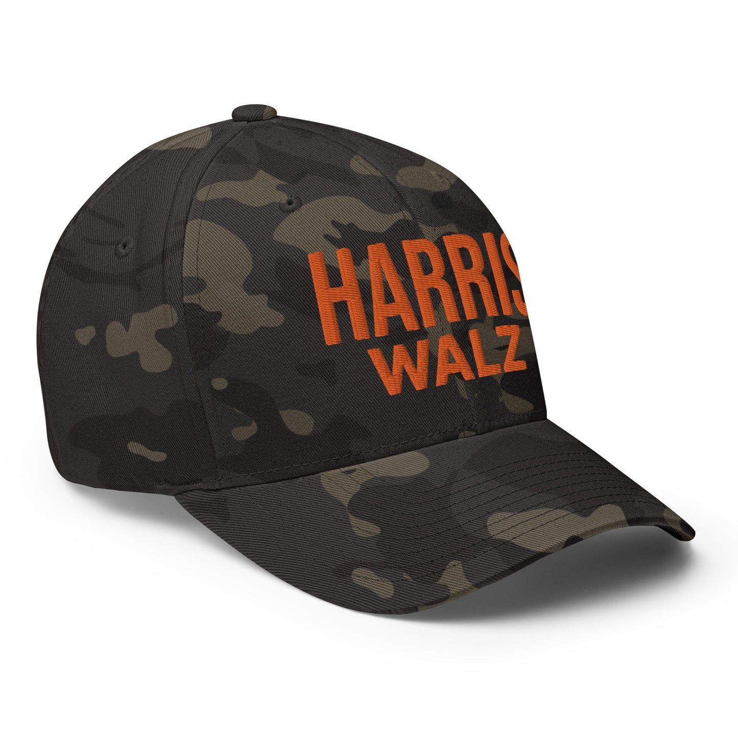 Harris Walz Embroidered Orange Camo Stretch Fit Baseball Hat Multicam Black