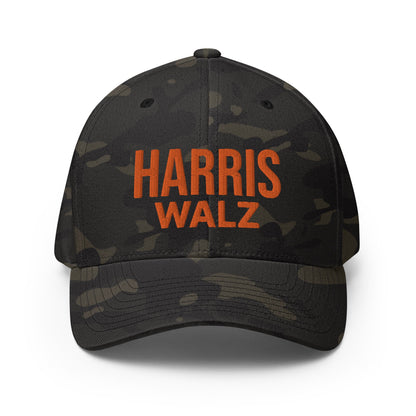 Harris Walz Embroidered Orange Camo Stretch Fit Baseball Hat Multicam Black