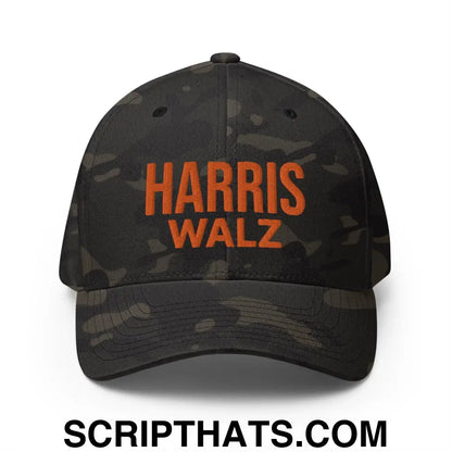 Harris Walz Embroidered Orange Camo Stretch Fit Baseball Hat Multicam Black