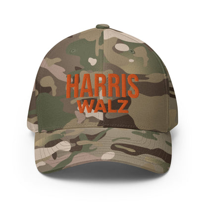 Harris Walz Embroidered Orange Camo Stretch Fit Baseball Hat Multicam Green