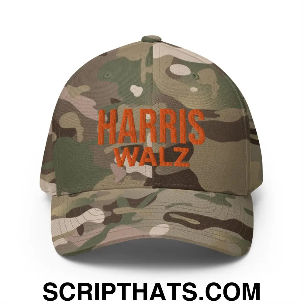 Harris Walz Embroidered Orange Camo Stretch Fit Baseball Hat Multicam Green