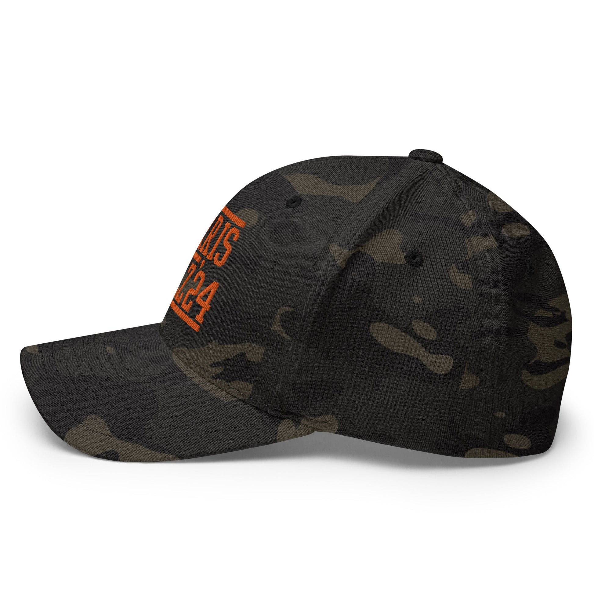 Harris-Walz Embroidered Stretch Fit Baseball Hat Orange Camo Multicam Black