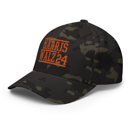 Harris-Walz Embroidered Stretch Fit Baseball Hat Orange Camo Multicam Black