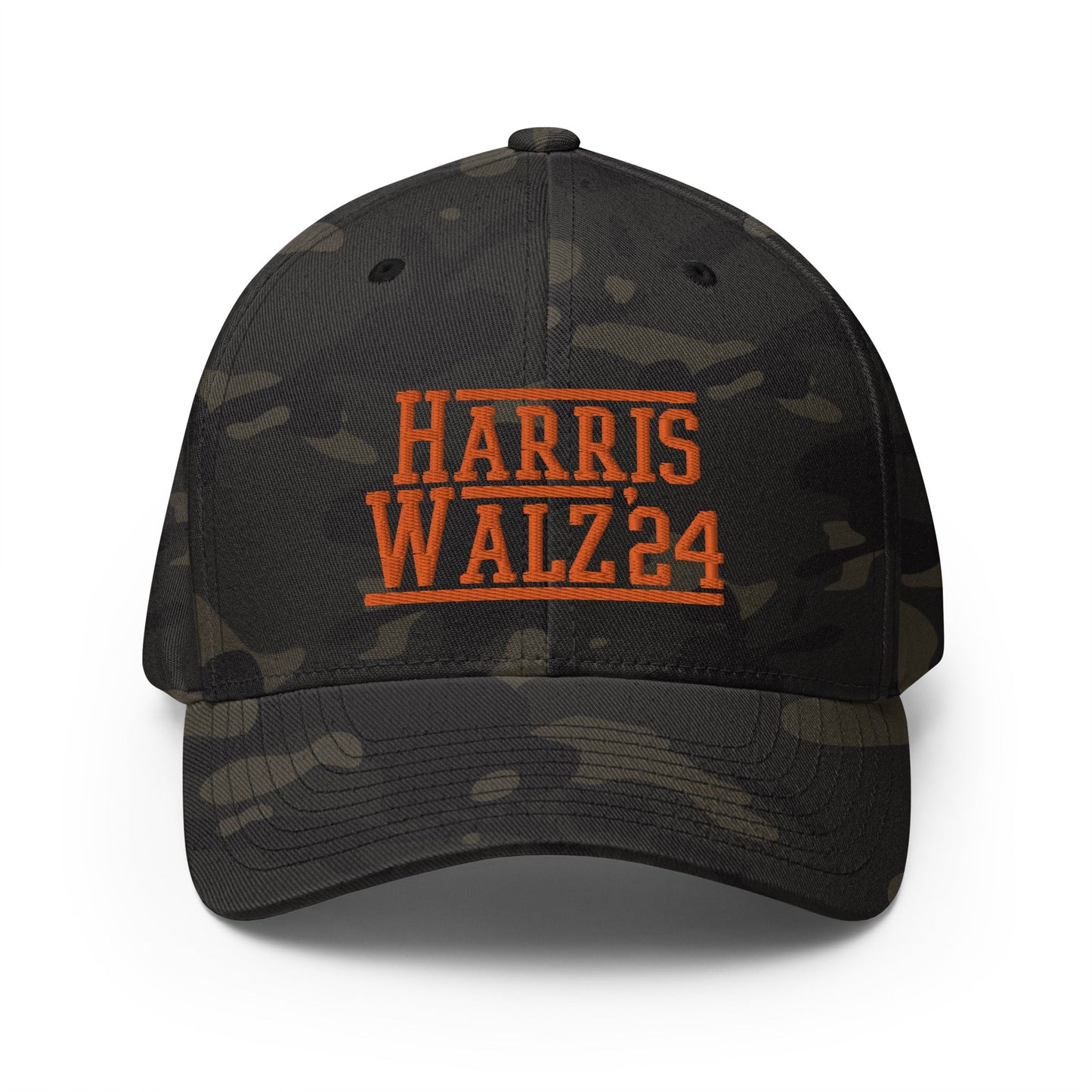 Harris-Walz Embroidered Stretch Fit Baseball Hat Orange Camo Multicam Black