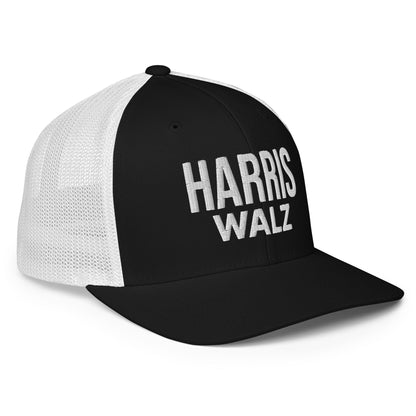 Harris Walz Embroidered Stretch Fit Mesh Trucker Hat Black White