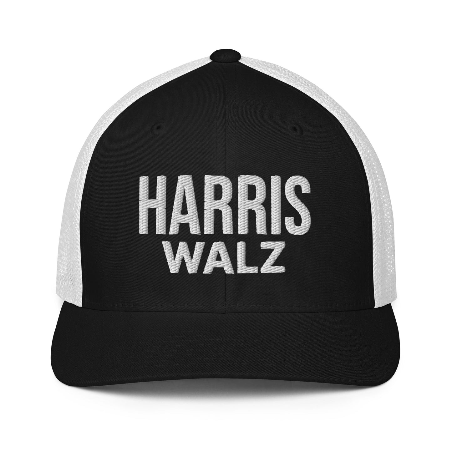 Harris Walz Embroidered Stretch Fit Mesh Trucker Hat Black White