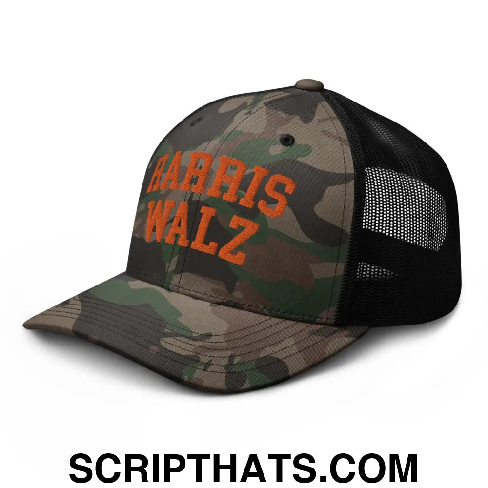 Harris Walz Midwest Camo Trucker Hat Orange Camo Black