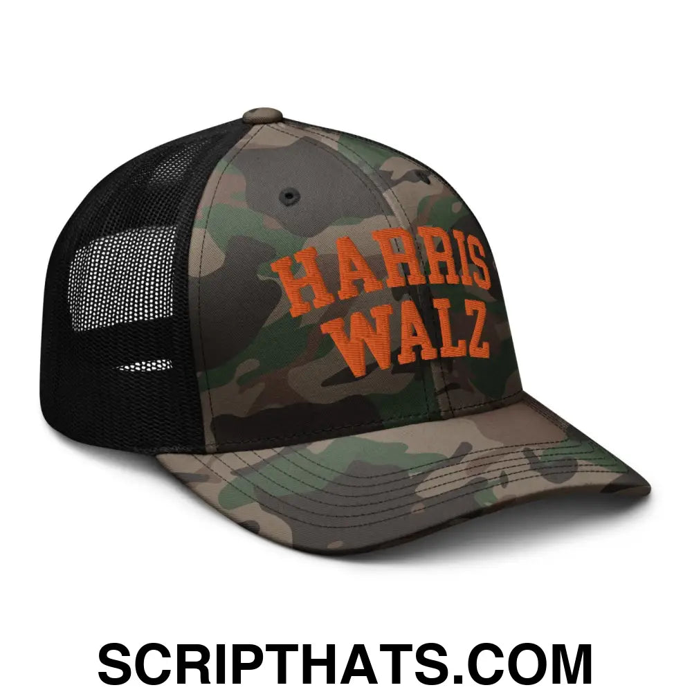 Harris Walz Midwest Camo Trucker Hat Orange Camo Black