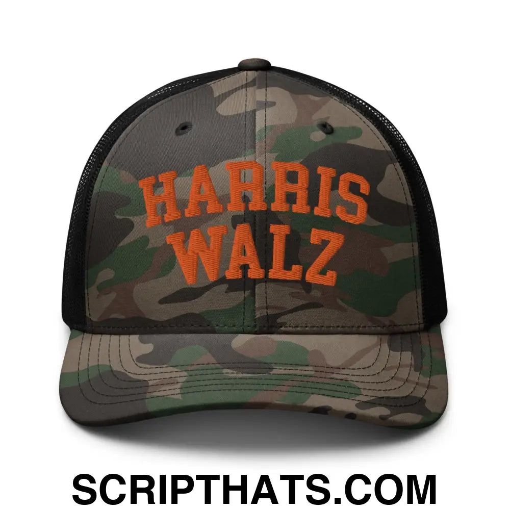 Harris Walz Midwest Camo Trucker Hat Orange Camo Black