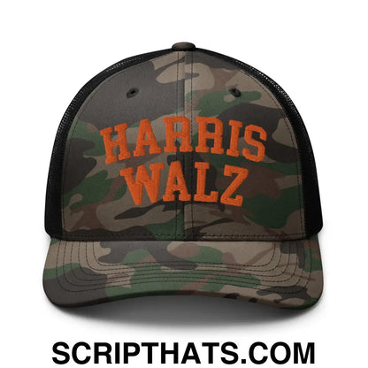 Harris Walz Midwest Camo Trucker Hat Orange Camo Black