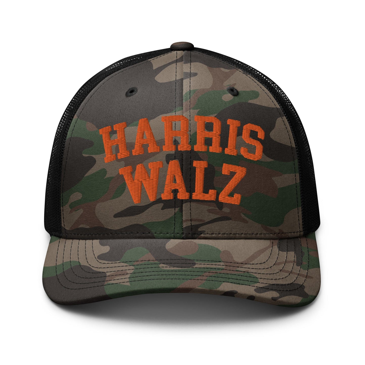 Harris Walz Midwest Camo Trucker Hat Orange Camo Black