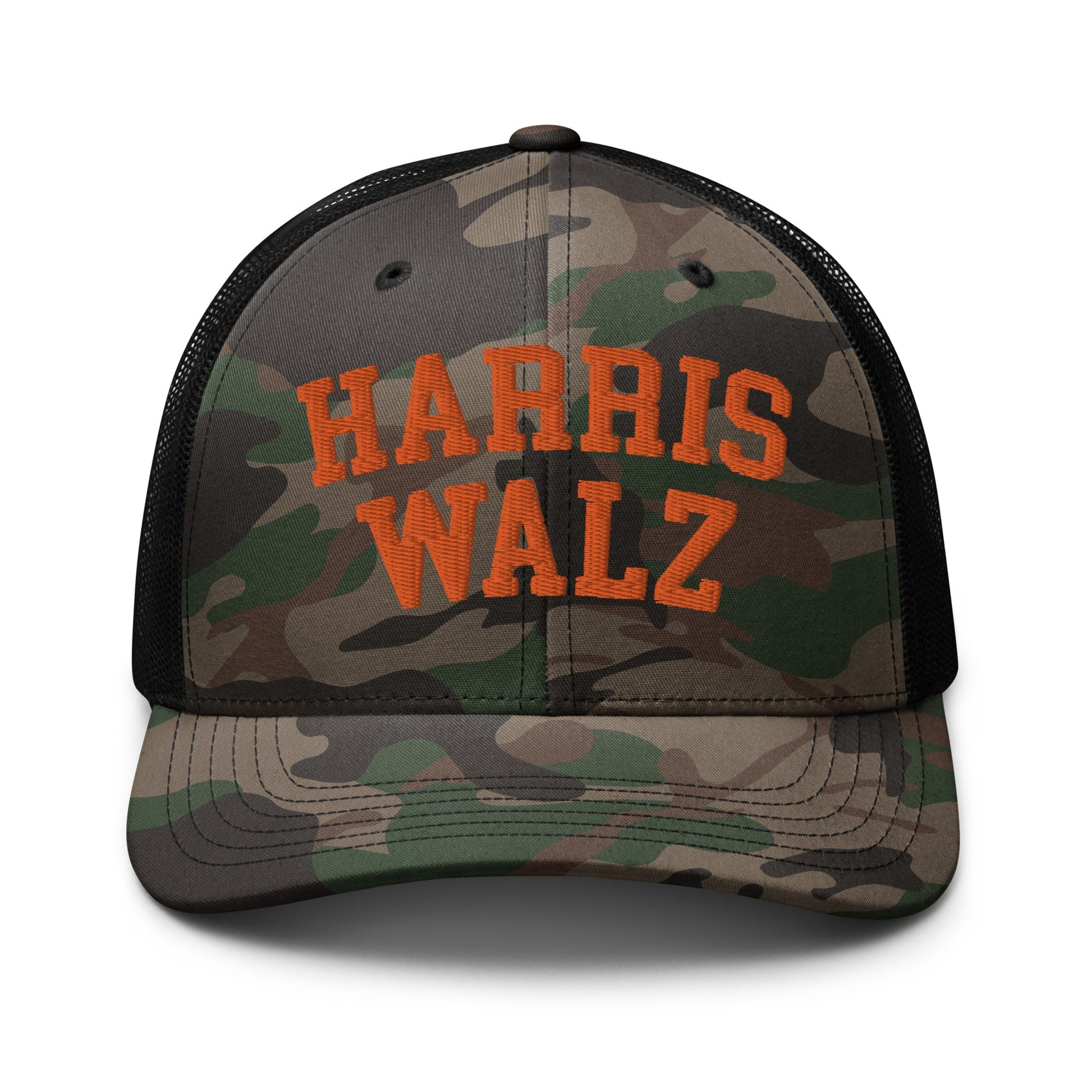 Harris-Walz Midwest Princess Parody Embroidered Camo Trucker Hat Orange Camo Black