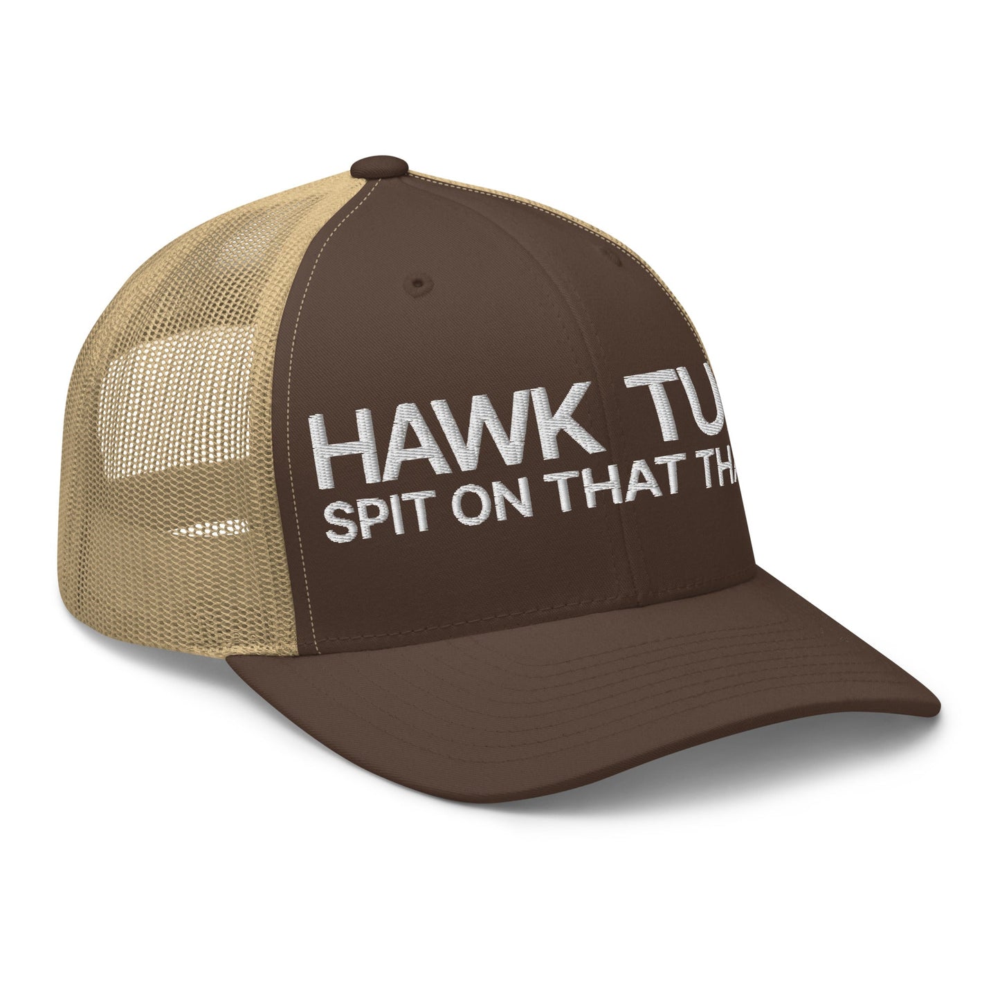 Hawk Tuah Spit on that Thang Retro Trucker Hat Brown Khaki