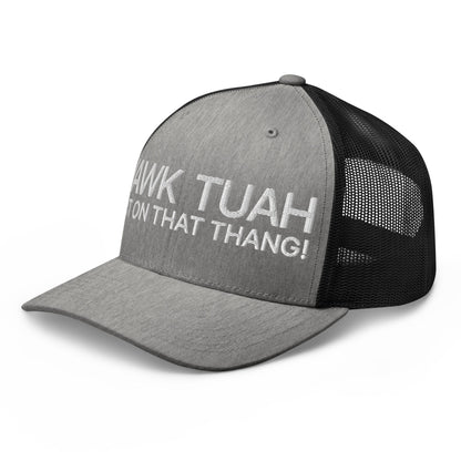 Hawk Tuah Spit on that Thang Retro Trucker Hat Heather Black