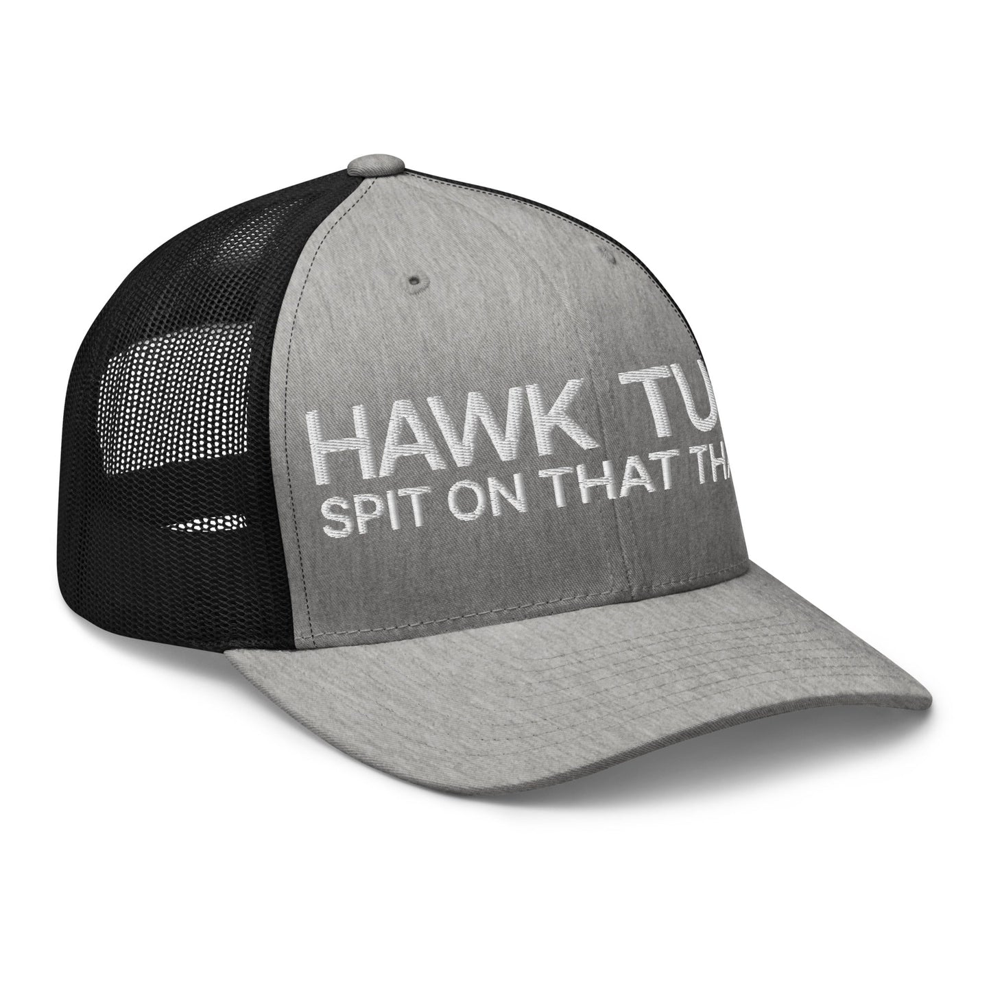 Hawk Tuah Spit on that Thang Retro Trucker Hat Heather Black