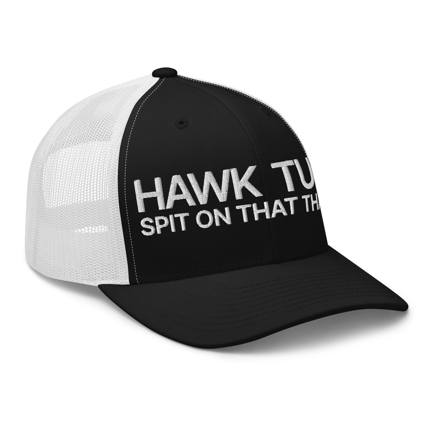 Hawk Tuah Spit on that Thang Retro Trucker Hat Black White