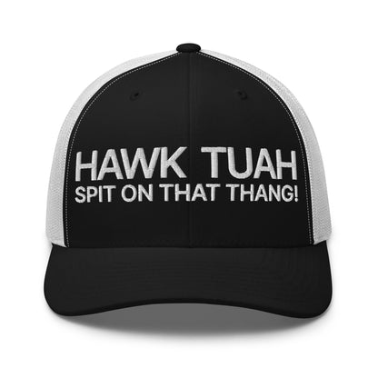 Hawk Tuah Spit on that Thang Retro Trucker Hat Black White